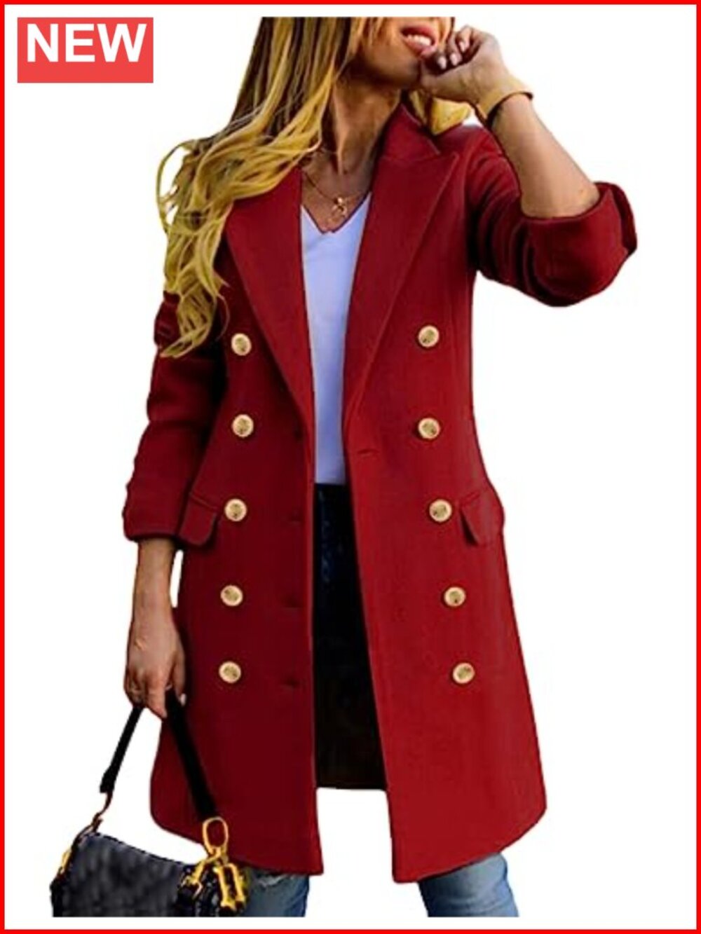 Wool Blend Double Breasted Midi Peacoat Trench Coat Long Sleeve Notch Collar